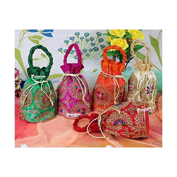GoldGiftIdeas Flower Zari Embroidered Potli Bags for Ladies, Potli Pouches for Return Gifts, Shagun Potli Clutch, Potli Bags for Baby Shower (Set of 5) - Image 7