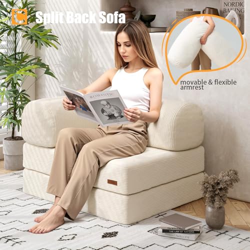 COMAX Folding Sofa Bed, Fold Out Chair, Foldable Sofa, Convertible Sleeper Chair for Adults, Futon Single Small Floor Couch for Spaces, Bedroom Living Room Guest Room, Beige