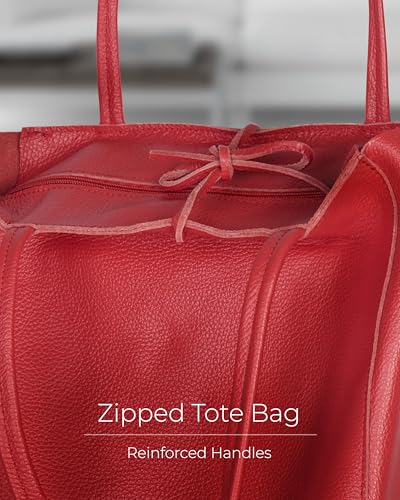 Image of Genuine Italian Leather Tote Bag for Women, Large Slouchy Purse, Red | Unstructured bag, raw unlined interior with zip pocket, top zipper, side ties, folds flat, fits a 16-inch laptop, lightweight