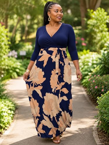 Image of Women's V Neck Floral Maxi Dress 3 /4 Sleeve Plus Size Boho Wrap Flowy Long Dresses with Belt