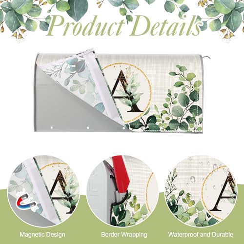 Image of Tiamon Monogrammed A Mailbox Covers Magnetic Eucalyptus Welcome Letter Box Wrap Standard Size 21x18 Inch Spring Summer Leaves Mailbox Decor Eucalyptus Letter Numbers Decoration for Outdoor Garden Yard