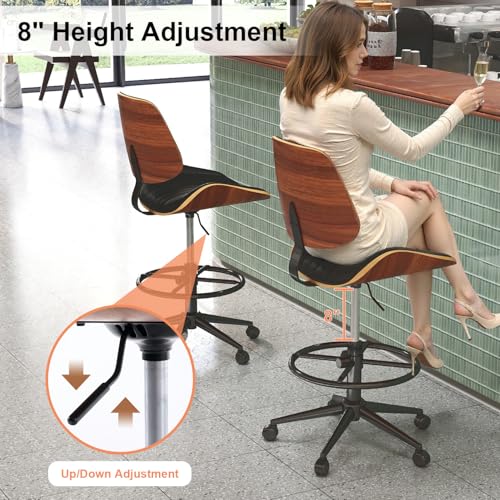 Image of Drafting Chair, Ergonomic Office Chair with Walnut Wood Back Support, Armless PU Leather Desk Chair with Height-Adjustable, Thick Cushion for Home, Bar, Drafting, Office (Black)