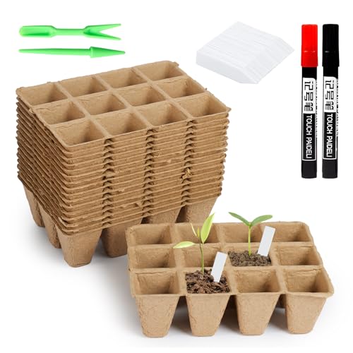 OldPAPA 20 Pack 240 Cells Square Seed Trays Biodegradable Fibre Pots, Reusable and Biodegradable Seed Trays Plus 100 Plastic Plant Labels and Transplanting Digging Tools 2 Marking Pens