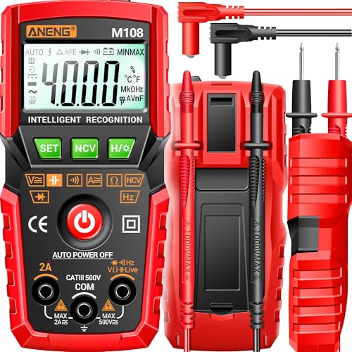 Retoo Digital Multimeter AC/DC Spannung bis 500V, DC Strom, Akustischer Alarm, Widerstand, Durchgang, Diodentest, großes LCD-Display mit Hintergrundbeleuchtung, Taschenlampe, Kompakt, Rot-Schwarz