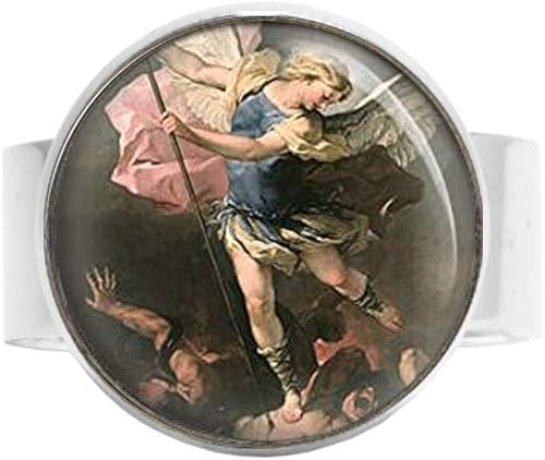 Anillo católico de San Miguel Arcángel Vintage Religioso Arte Foto Joyería, Vidrio