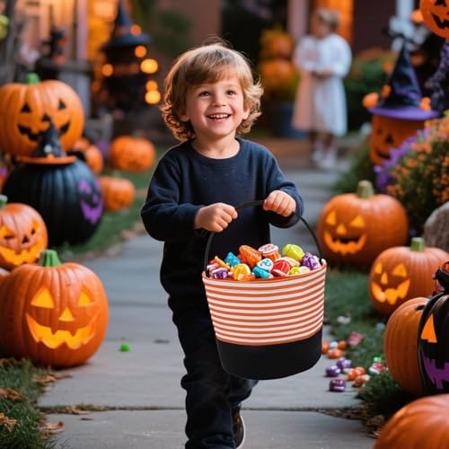 PEACELOVER Halloween Candy Basket for Kids, Trick or Treat Bucket Boo Spooky Small Baskets for Girls/Boys Gift Baskets (Stripes) - image 2