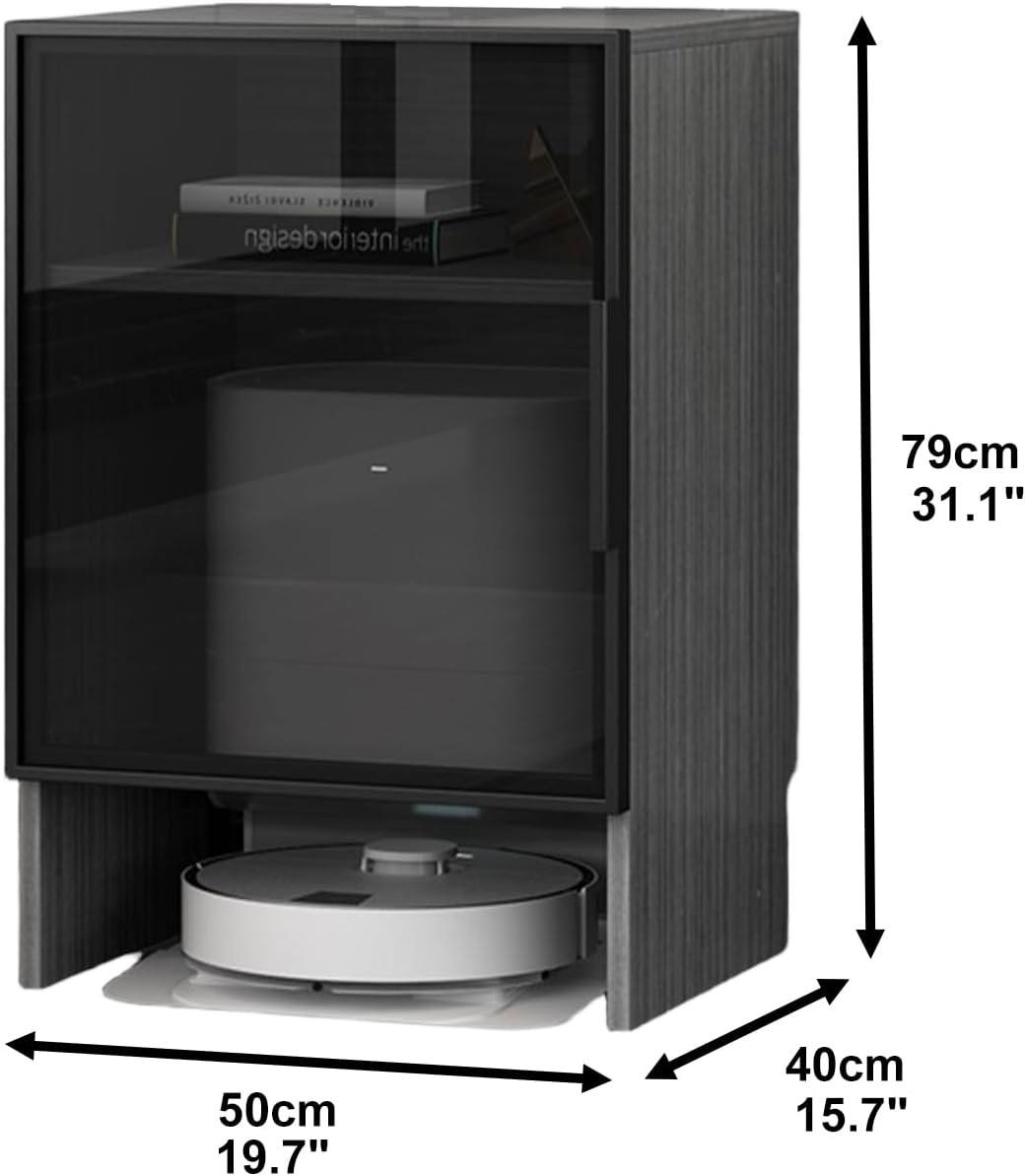 Robot Vacuum Stand Cabinet with Tempered Glass Doors & Silent Wheels - Industrial Tech Style Storage Organizer for Robotic Vacuum, Side Table for Living Room, Home Office White with Gold Frame