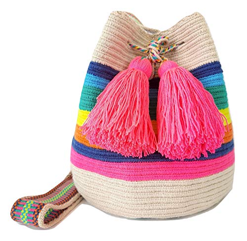 Mochila WAYUU para mulheres, bolsa tejida original colombiana autêntica padrão de crochê Fairtrade Presente da Colômbia, Arco-íris - Médio, Medium