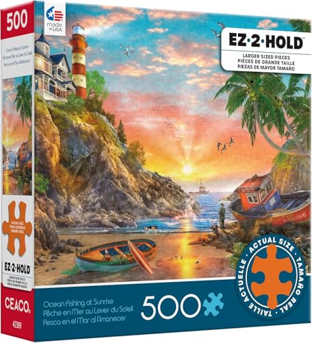 CEACO - Ocean Fishing at Sunrise - Rompecabezas de 500 piezas grandes para adultos | Arte de Dominic Davison, Hecho en USA, Tamaño terminado 26 x 19 in, Incluye poster, Ideal para regalo