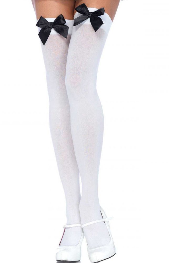 18Mm Women's White/Black Opaque Over Knee Long Stockings With Satin Bows ()(Size: Fit: 150Cm -175Cm)
