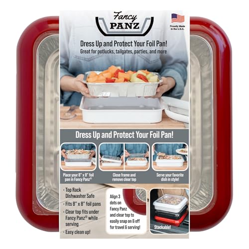Fancy Panz - Red 8x8" Aluminum Foil Pan Carrier with Lid - Elevated Food Serving Tray - Portable & Insulated Casserole Carrier with Lid - Made in the USA Hosting Essentials