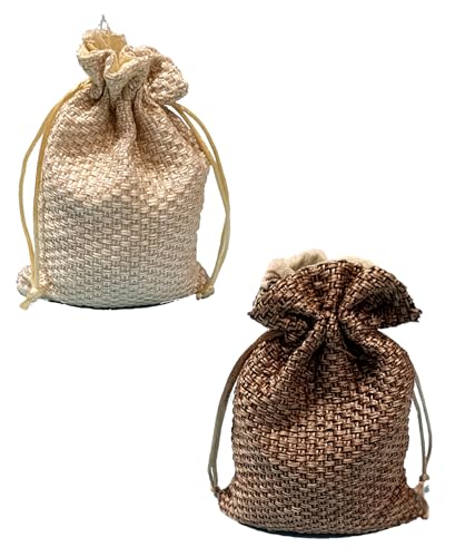 Image of 3A Featuretail 13CM X 18CM Small Drawstring Bags Pouches Potli for Gift Wedding Jewelry Packaging Bridal Party Favors for Women (10 Pc Pack, Beige & Brown Color Jute)