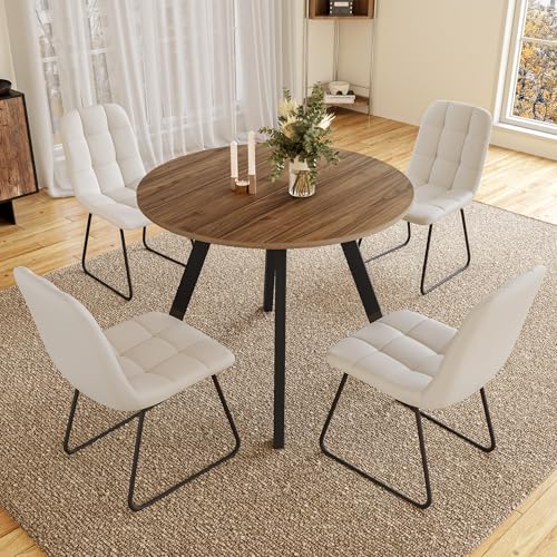 Zerifevni 34.6'' Round Dining Table and Chairs for 4 Space Saving for Apartment Kitchen Dining Room (Walnut Table+4 U-Shaped White Chairs)