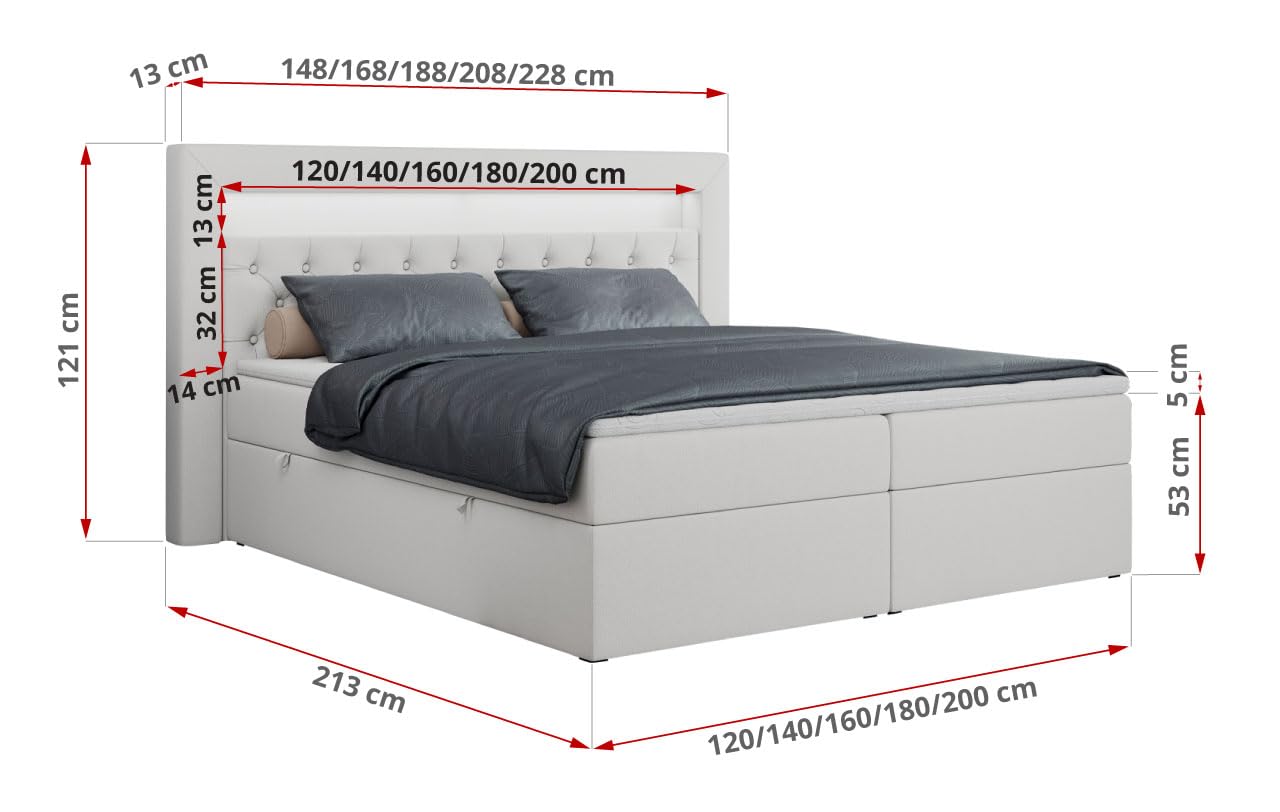 MKS MEBLE Boxspringbett 180x200 mit Led Weiß Kunstleder, Bett 180x200 mit LED Kopfteil, Multipocket Matratze H3, Doppelbett mit Bettkasten Stauraumbett - Gold-6 - Weiß Kunstleder