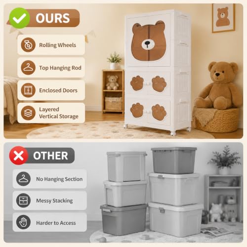 Image of KRISHYAM 3-Tier Kids Plastic Wardrobe, Hanging Rod & Wheels, Bear Paw Design Multipurpose Clothes & Toy Storage Cabinet, 123 x 69 x 32 cm