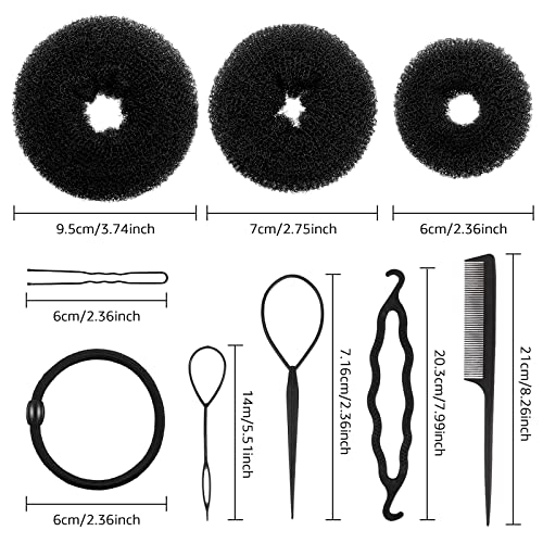 Hair Bun Maker Set with Ring Style Donuts (1 L, 2 M and 3 S), Shaper, 20 Bobby Pins, 5 Elastics and 4 Pony Tools for Women & Girls (Black)