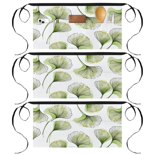 Demi-tablier de cuisine à motif ginkgo biloba doté de 3 poches de rangement pratiques