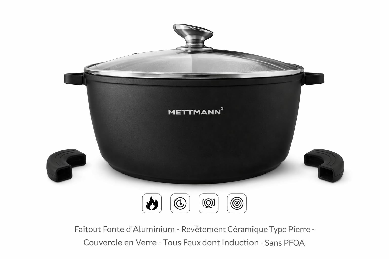 Marmite Faitout Grande Capacité 36 cm en Fonte d’Aluminium Revêtement Céramique Antiadhésif Effet Pierre Compatible Tous Feux dont Induction Couvercle en Verre Trempé Sans PFOA