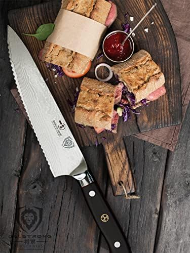 DALSTRONG Serrated Chef's Knife - 7.5" (19 cm) - Shogun Series - Damascus - Japanese AUS-10V Super Steel - Vacuum Treated - Black - Sheath Included