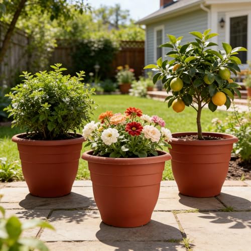 Image of RooTrimmer 3-Pack 16 Inch Large Outdoor Plastic Plant Pots with Drainage Holes - Durable,Lightweight & Weather-Resistant Flower Planters for Patio,Garden,Balcony (Pottery Red)