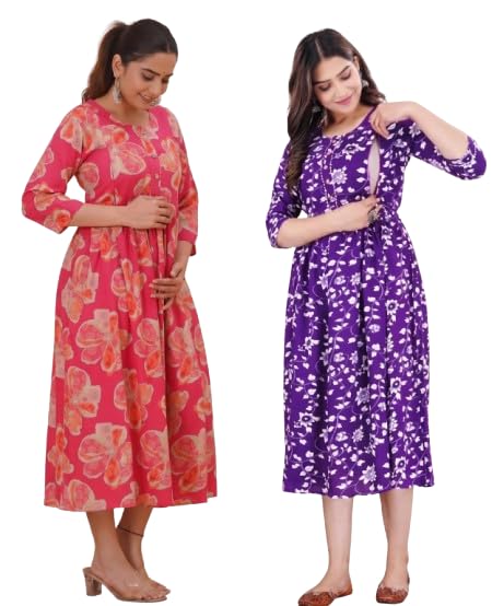 Floral Printed Maternity Midi Dress with Nursing Access, 3/4 Sleeves, Fit and Flare Pack of 2-image-42