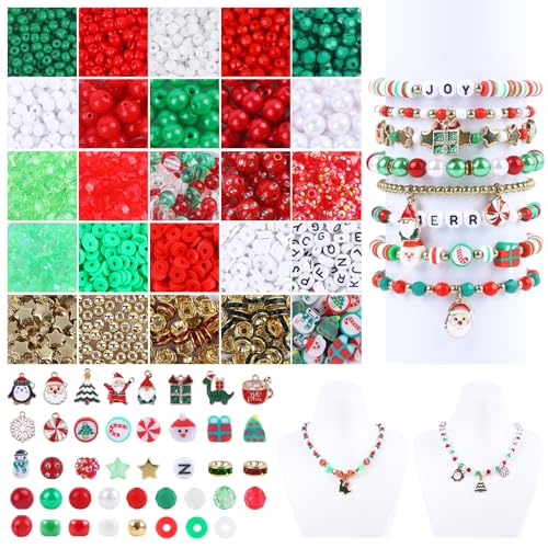 Image of Christmas Beads,2600 PCS +Christmas Bracelet Making Kit Friendship Bracelet Kit with Clay Bead Pearl Letter Round Beads, Charms DIY Beads for Jewelry Making Crafts for Gifts