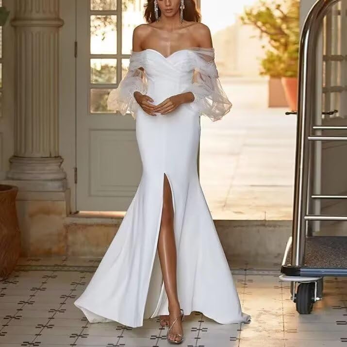 Image of Women's Mermaid Satin Wedding Dress for Bride Off The Shoulder Long Wedding Gown for Women