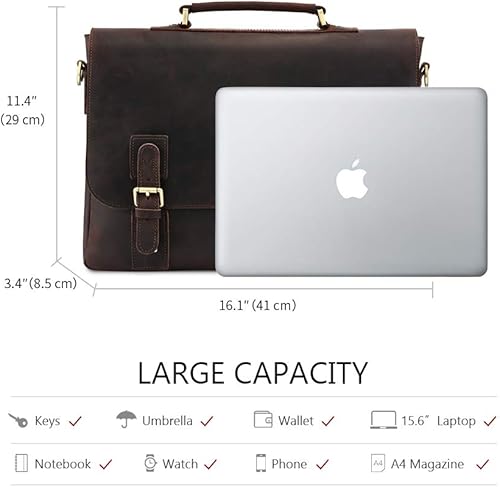 Miniatura 3 de Kattee Maletín de cuero para hombre, 15.6 pulgadas, bolso de hombro para portátil