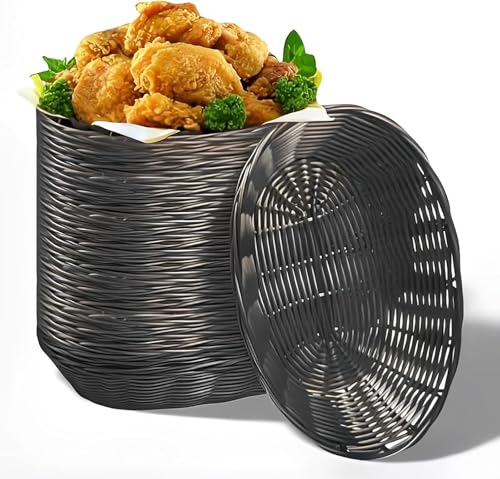 Nexboraque 12 Pack Plastic Oval Basket, Woven Bread Baskets for Serving Small Gift Baskets Empty to Fill, 21 x 16 x 5 cm Bulk Basket for Kitchen Restaurant Centerpiece Display - Dark Brown