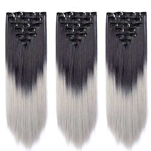 AUConer 23inch Long Black with Light Ash Grey Clip in Hair Extensions 7Pieces 16clips in fuller voluminous hairstyle for party wedding cosplay special occasions (23inch-Straight, Light Black to Grey)