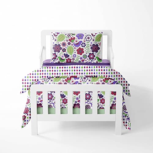 Bacati - Botanical Sanctuary Purple 4 Piece Cotton Girls Toddler Bedding Set 100 Percent Cotton Includes Reversible Comforter, Fitted Sheet, Top Sheet, and Pillow Case for Girls
