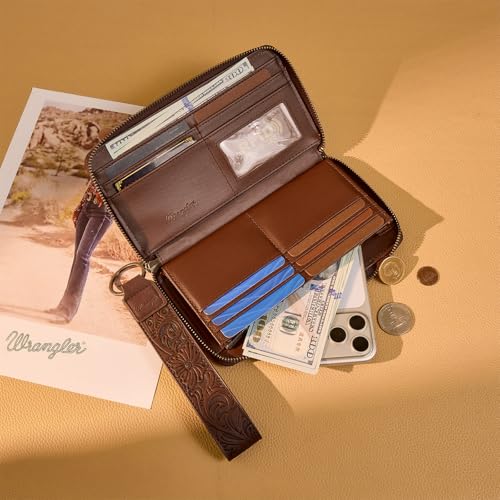 Image of Wrangler Wristlet Wallet, Women Clutch Purses RFID Blocking with Aztec Boho Western Wrist Strap, Wristlet Purse with Zipper Pocket Card Holder for Women Girls Casual Travel Daily, WG310-W006CF
