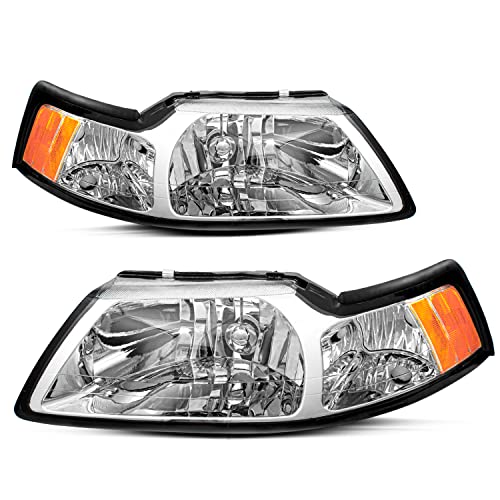 JSBOYAT Headlights Assembly Replacement for 1999-2004 Ford Mustang GT SVT Chrome Passenger and Driver Side, Chrome Housing with Amber Reflector
