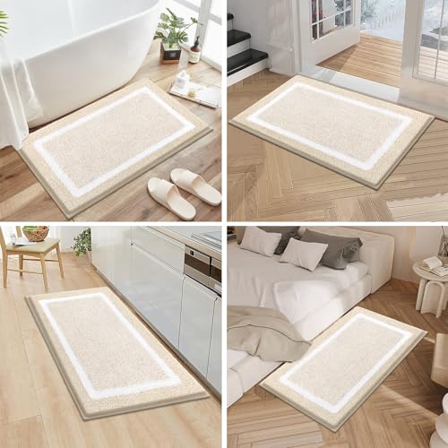 Pauwer Bathroom Rugs Sets 3 Piece Bathroom Shower Rugs with U-Shaped Contour Toilet Mat Absorbent Microfiber Plush Bath Mats Non Slip Bath Rugs Machine Washable Shaggy Bath Floor Mats, Light Beige