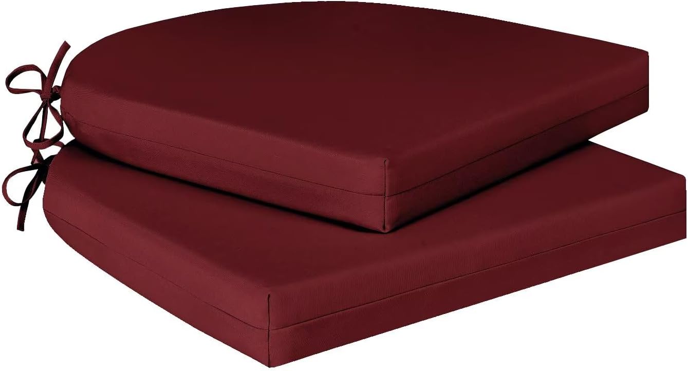 Cozyide Outdoor Chair Cushions, Waterproof Patio Seat Cushions with Adjustable Straps, Round Corner Patio Chair Cushions for Garden, Burgundy, 17x16x2 Inch (Pack of 2)