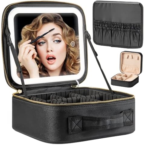Extrei Gent Makeup Travel Train Case with Mirror LED Light 3 Adjustable Brightness Cosmetic Bag Portable Storage Adjustable Partition Waterproof Brushes Makeup Jewelry Gift for Women, Black Cover