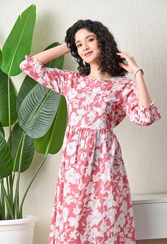 Image of Ichaa Women's Navy Blue Cotton Printed Maternity Dress with Feeding Zips and Pocket, in Plus Sizes