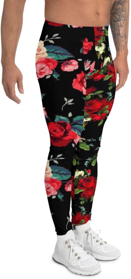 Men’s Leggings Workout Gym Yoga Fitness Exercise Pants Sports Raven Livid Jet Black Red Roses Floral
