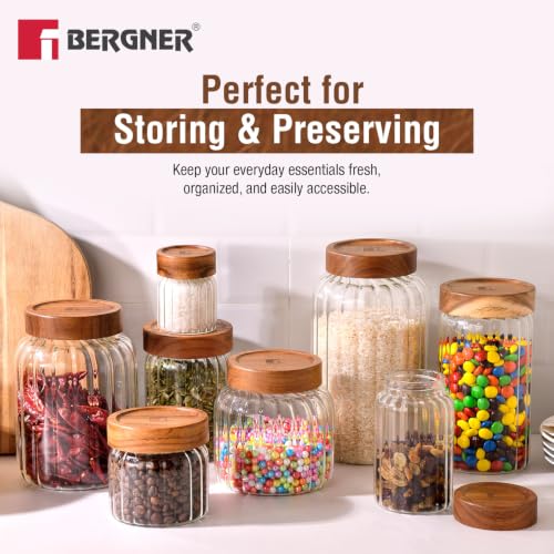 Image of Bergner Acadia Borosiliate Glass Jar (1250ml), Stripe Design, Multipurpose Transparent Jar, Airtight Lid, Food Storage Container for Kitchen, For Storing Sugar, Flour, Tea, Coffee, Spices, Cereals etc
