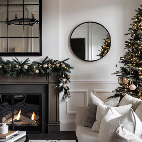 Image of Sunniry 18 inch Round Mirror, Round Wall Mirror, Metal Frame Black Circle Mirror, Black Round Mirrors for Wall, Bathroom, Bedroom, Vanity, Hallway.