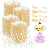 100 Pieces 1oz Mini Dessert Plates with Spoons Forks 2.4 inch Gold Glitter Disposable Square Appetiz