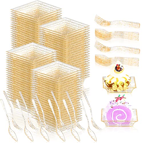 100 Pieces 1Oz Mini Dessert Plates With Spoons Forks 2.4 Inch Gold Glitter Disposable Square Appetizer Trays Small Clear Gold Tasting Plate For Dessert Salad Sauces Tastings Cake Wedding Party #TOP10