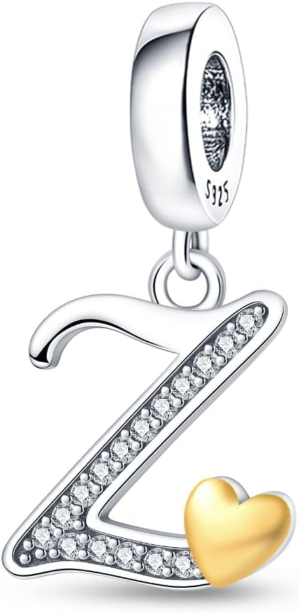 Pandach 925 Sterling Silver Alphabet Initial Letters Charms Complete A-Z Solid Silver Cubic Zircons Beads Dangle Pendants for European Bracelets Necklace Women Holiday Gifts