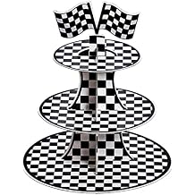 3-Tier Round Cardboard Cupcake Stand, Racing Car Theme Cardboard Cupcake Holder, Car Theme Dessert Display Stand Tower, Black and White Checkered Car Party Decorations Supplies