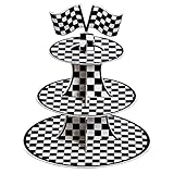 Hmxpls 3-Tier Round Cardboard Cupcake Stand, Racing Car Theme Cardboard Cupcake Holder, Car Theme Dessert Display Stand Tower, Black and White Checkered Car Party Decorations Supplies
