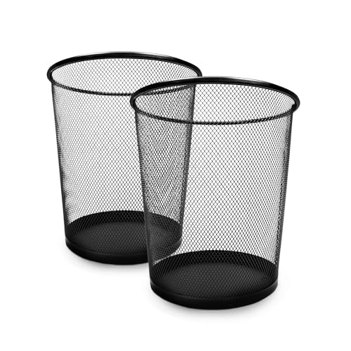 KEPLIN Round Trash Can - 2 Pack Black Non-slip Mesh Bin, Stylish & Sturdy Metal Waste Paper Bin for Home, Bedroom, Office, Bathroom, Living Room & Kitchen - Indoor Garbage Bin with Sleek Design
