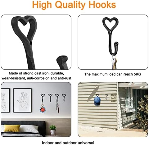 Youyijia 5Pcs Heart Coat Hooks Black Coat Hooks Vintage Heart Coat Hanger Decorative Wall Mounted Coat Hooks for Wall Bathroom Bedroom