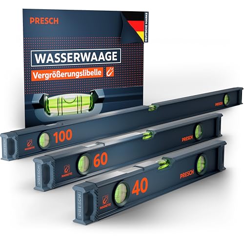 Presch Wasserwaagen Set 3tlg. magnetisch - 40cm 60cm & 100cm - Bruchfeste Weitwinkellibelle inkl. 2% Gefälle-Anzeige - Vertical-View-Funktion dank Sichtfenster - InnovativeRutschStoppEndkappen