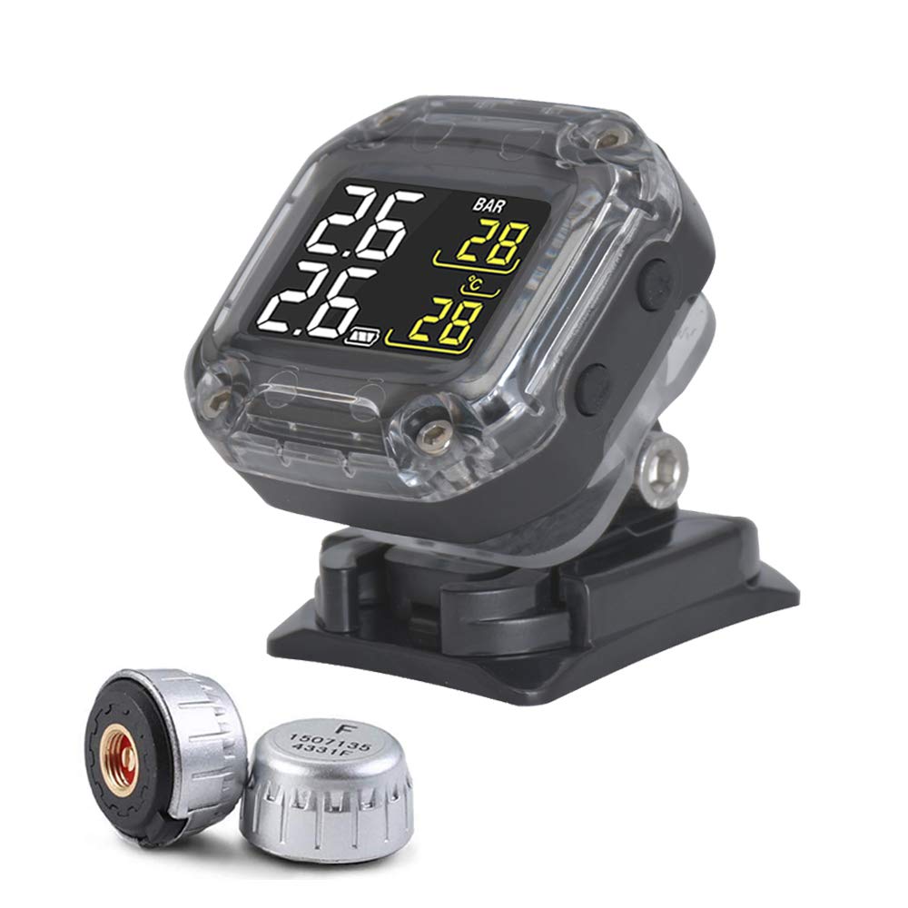 Sistema di monitoraggio della pressione dei pneumatici TPMS per moto, senza fili, con allarme, display LCD ricaricabile, in tempo reale, per moto a due ruote, bicicletta, 2 sensori esterni