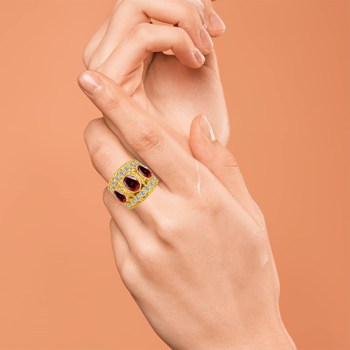 Dainty Multi Three Red Ruby Garnet Crystal Stone Wide Band Ring,14K Gold Plated Full Cubic Zirconias for Women - Image 3